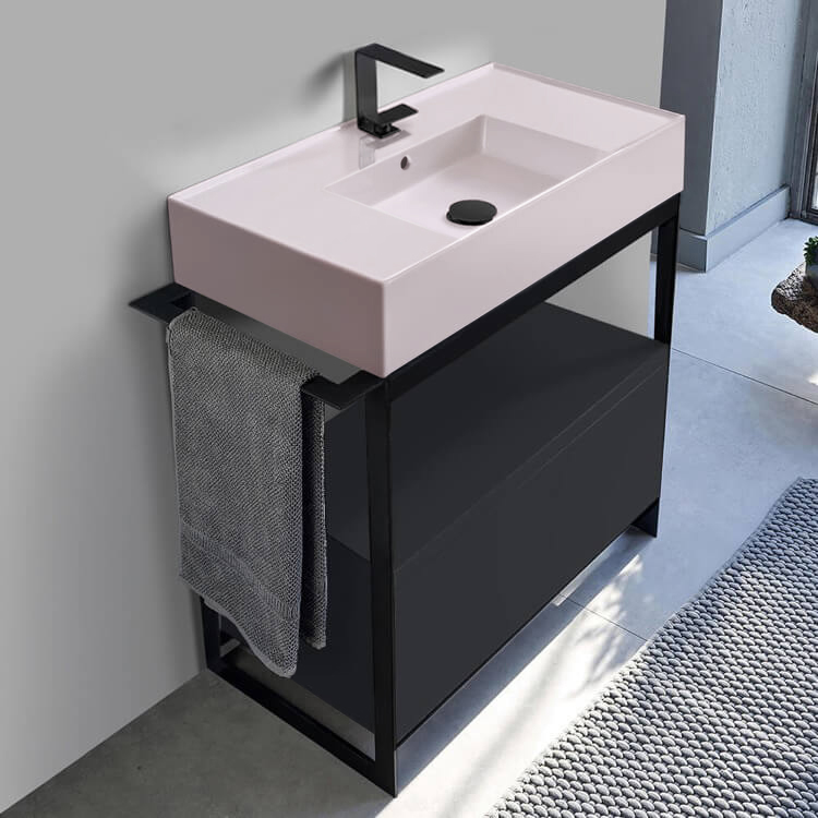 Scarabeo 5123-54-SOL1-49 Pink Sink Bathroom Vanity, Matte Black, Floor Standing, Modern, 35 Inch